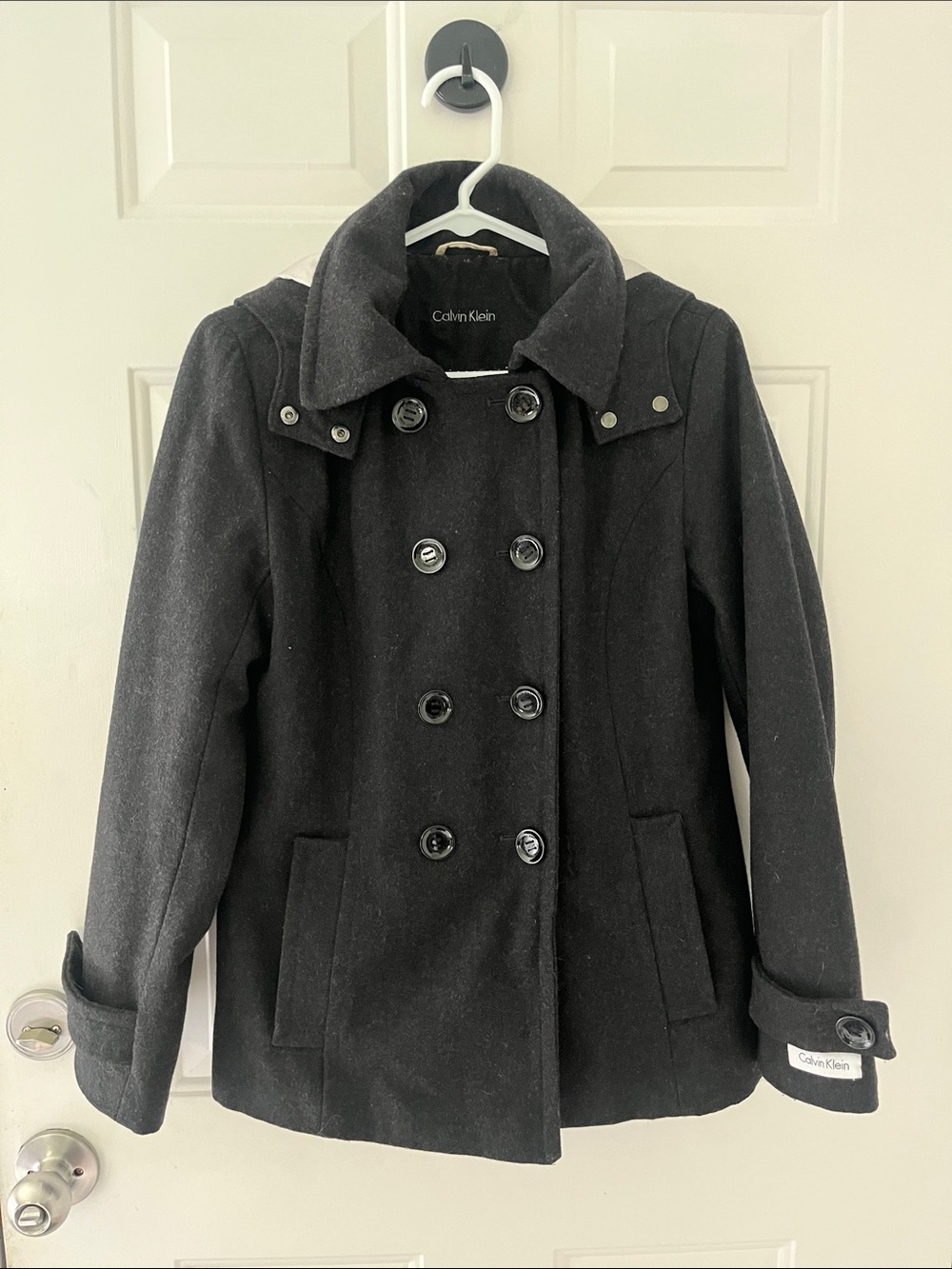 Calvin Klein Black Double-Breasted Hooded Wool Peacoat